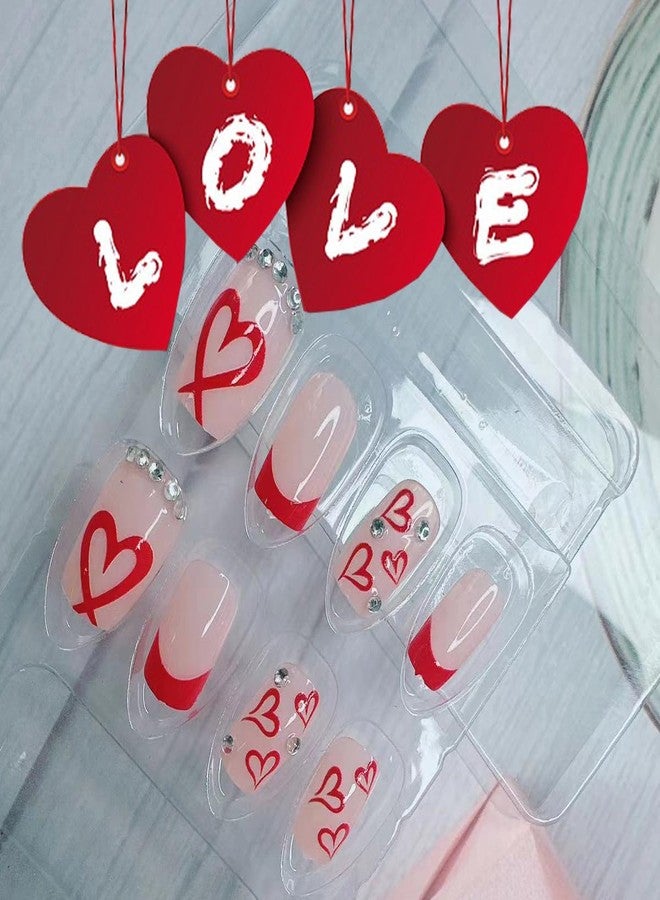 BSBTBZ Square Press on Nails Medium -French Tip Press on Nails Red Heart Deign,Glossy Pink Fake Nails with Rhinestone Design,Reusable Artificial False Nails with Glue on Nails Valentine's Day for Women 24PCS - Image 4